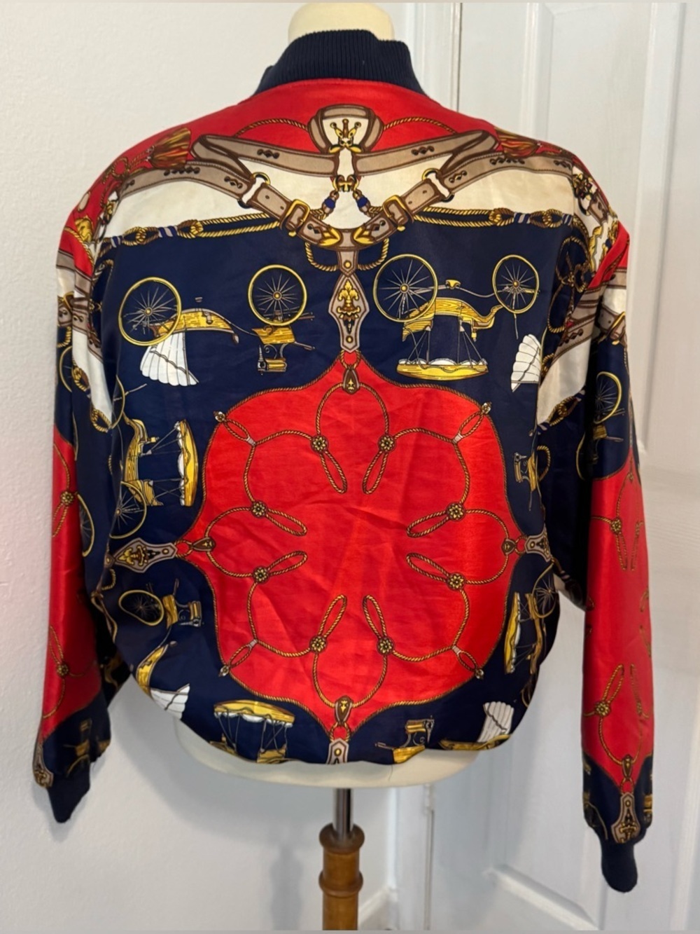 Vintage Angela Tong Bomber Jacket Equestrian Scarf Print Red Navy Retro M *READ* - Picture 3 of 13